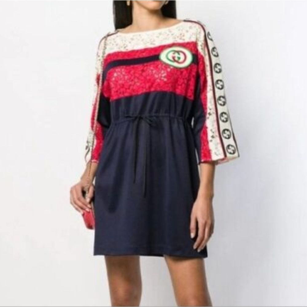 Gucci Logo Women's Multiple Colors Lace-Trimmed Dress Size XS